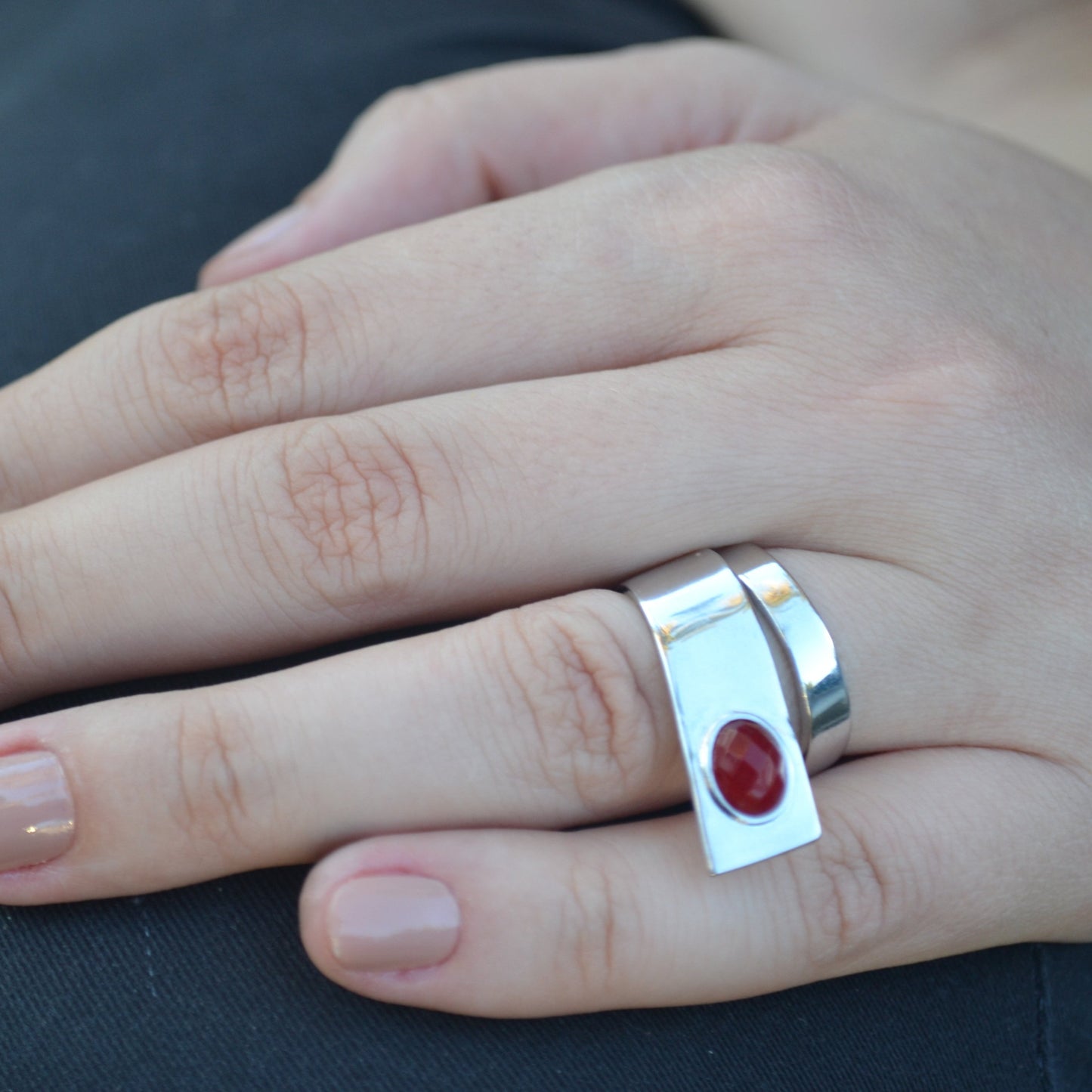 Sterling silver ring with ruby jade