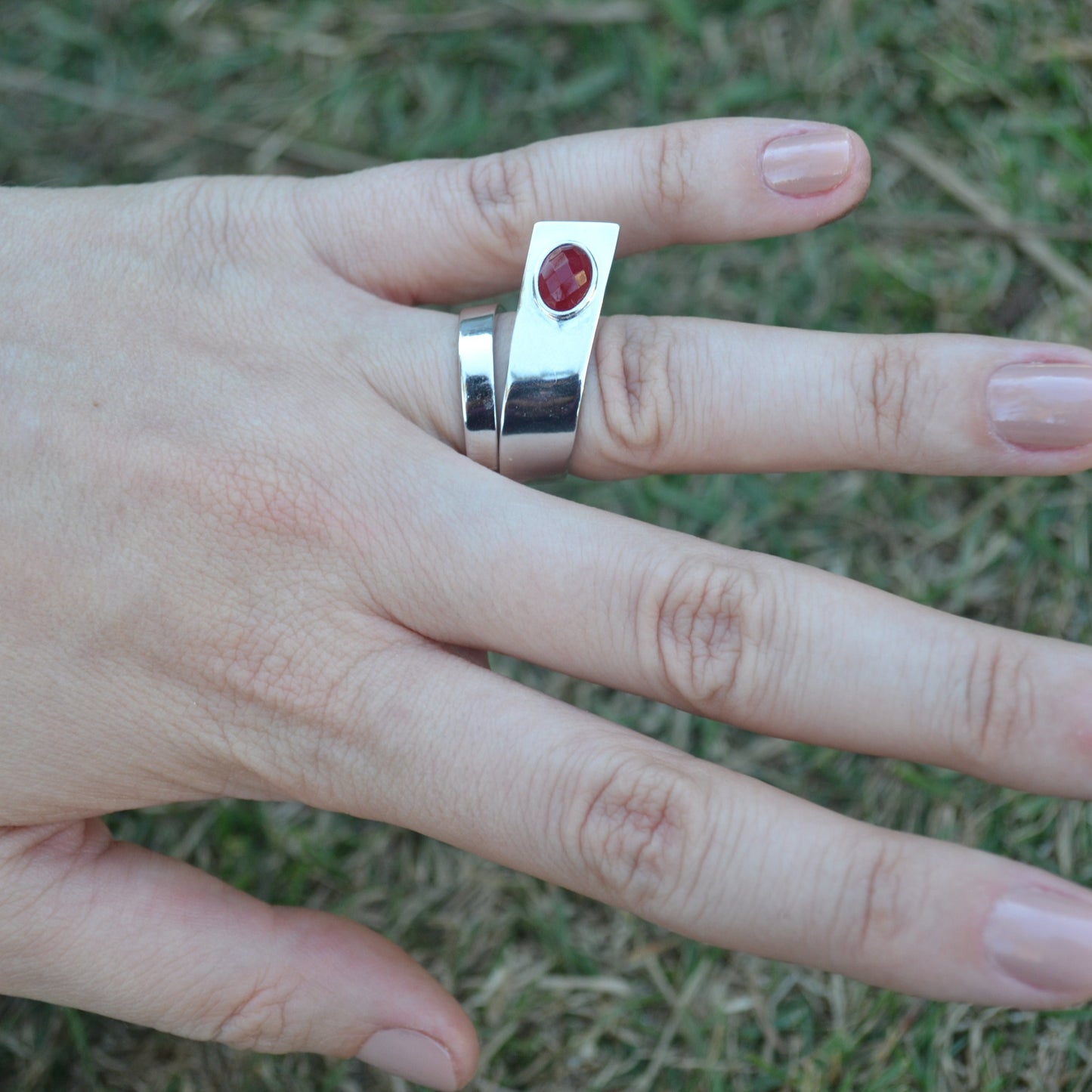 Sterling silver ring with ruby jade